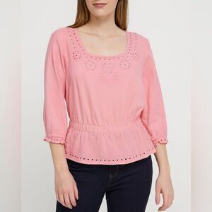 Carole Little Pink Linen Cotton Blouse Eyelet Trim Peplum Hem Boho Top Size M